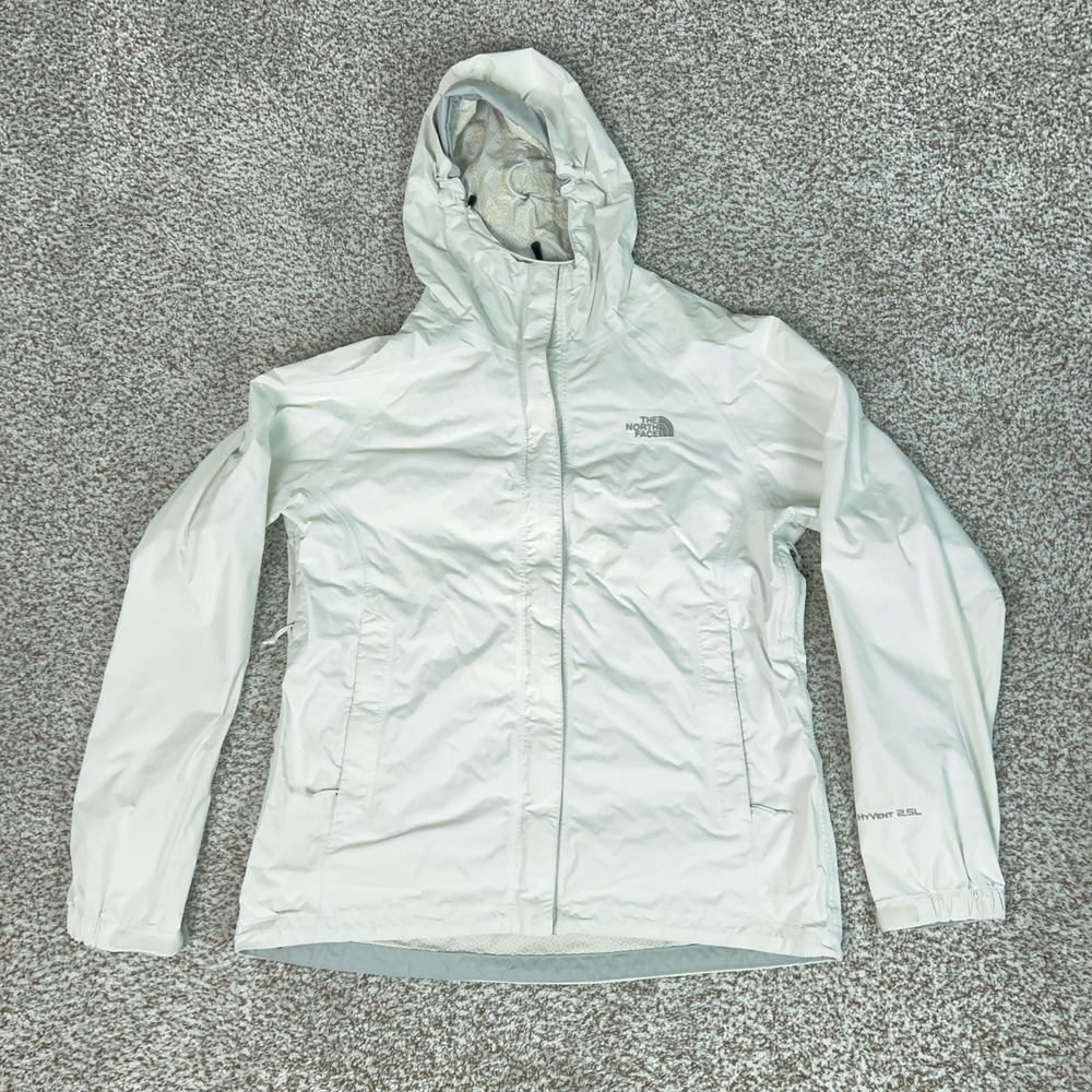 North Face Jacket Womens M White HyVent Hooded Waterproof Rain Coat Hiking Gorp